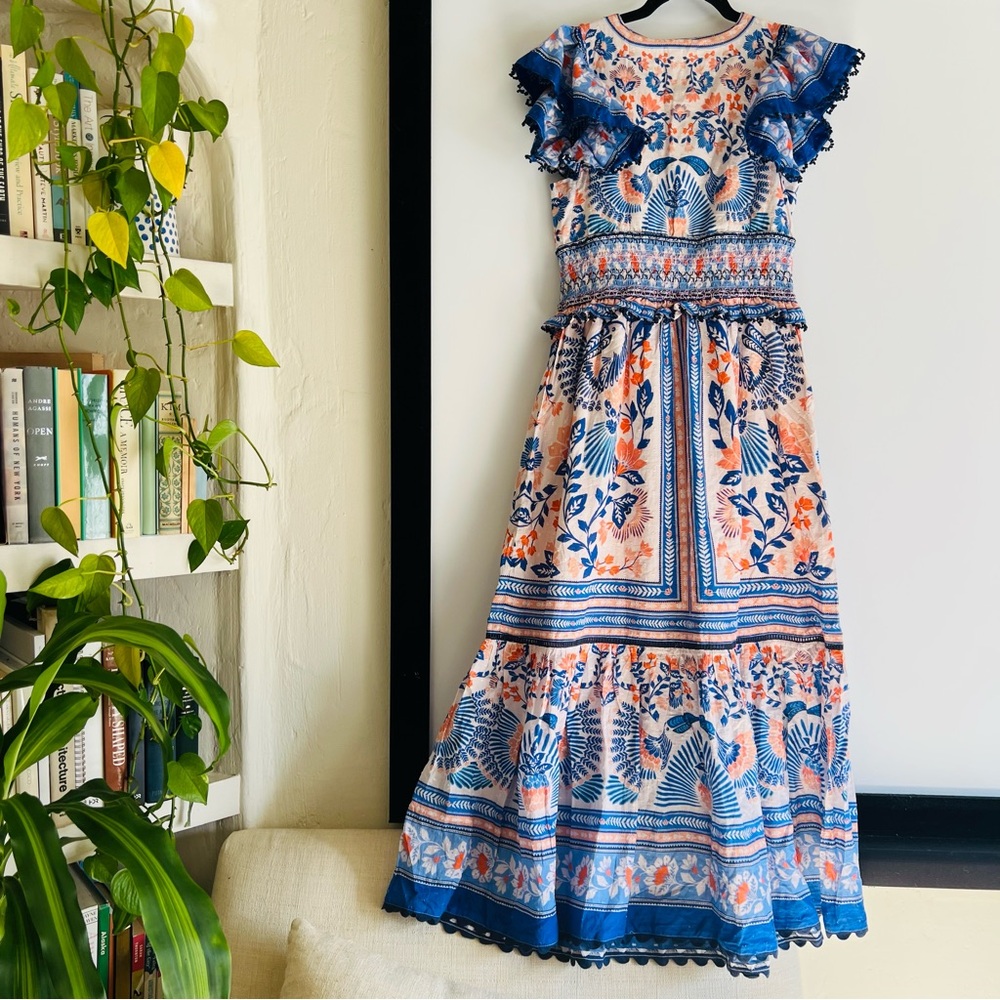 FARM Rio x Anthropologie V-Neck Maxi Dress Size Small NWT Blue Orange Bird Print - Picture 6 of 13